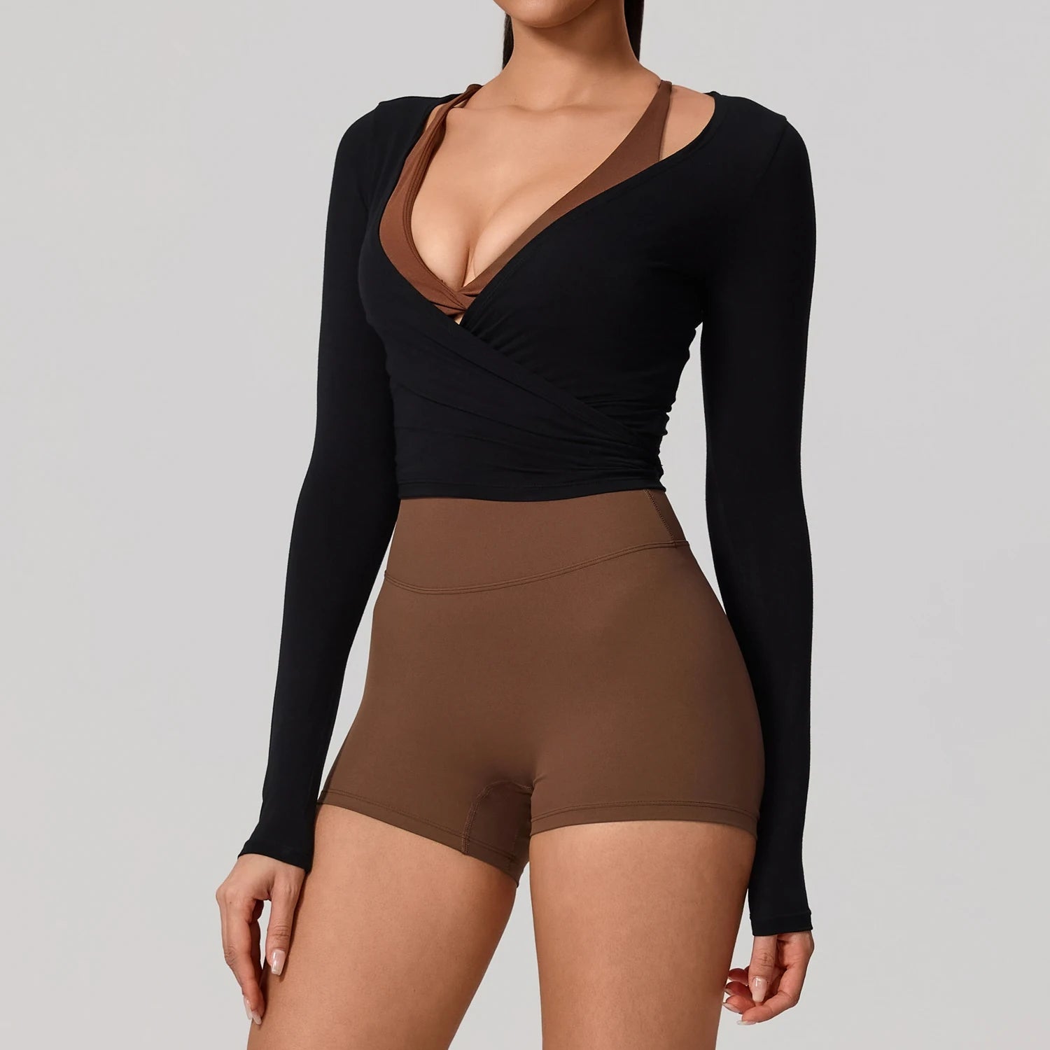 Women’s Wrap Yoga Top – Long Sleeve V-Neck Tie Waist Activewear