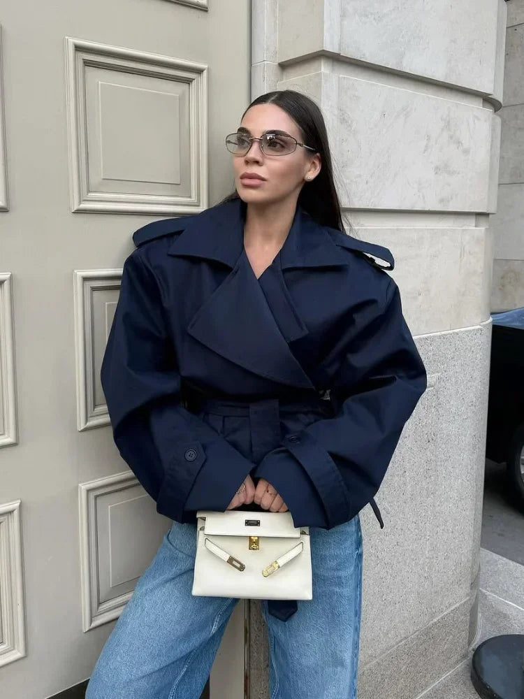 Women’s Belted Trench Coat – Short Waist Cinching Windbreaker