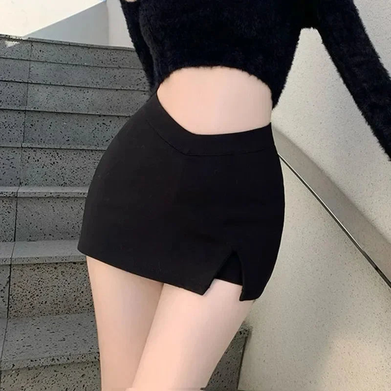 Women’s Black Split Mini Skirt – High Waist Y2K A-Line Skirt