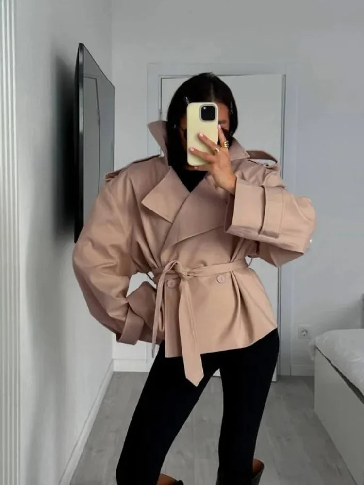 Women’s Belted Trench Coat – Short Waist Cinching Windbreaker