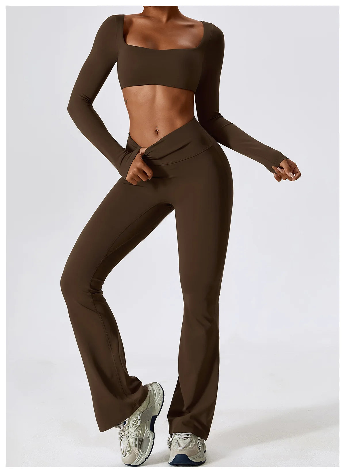 Women’s Seamless Flare Leggings Set – Long Sleeve Crop Top & Pants