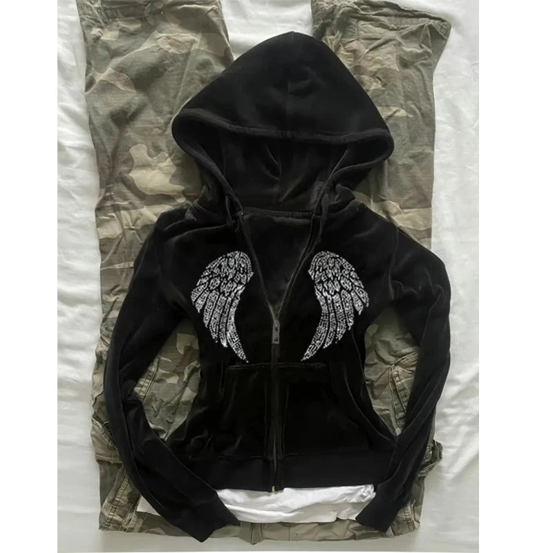 Women’s Gothic Zip-Up Hoodie – Vintage Grunge Wings Print Jacket (Y2K Style)