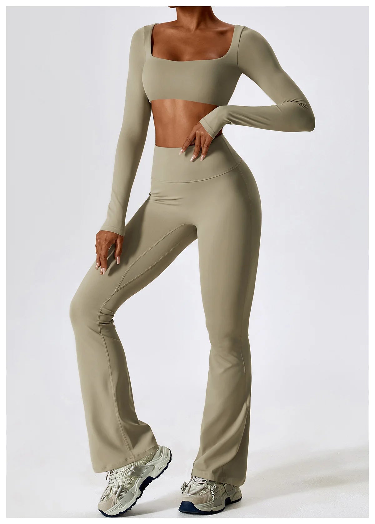 Women’s Seamless Flare Leggings Set – Long Sleeve Crop Top & Pants
