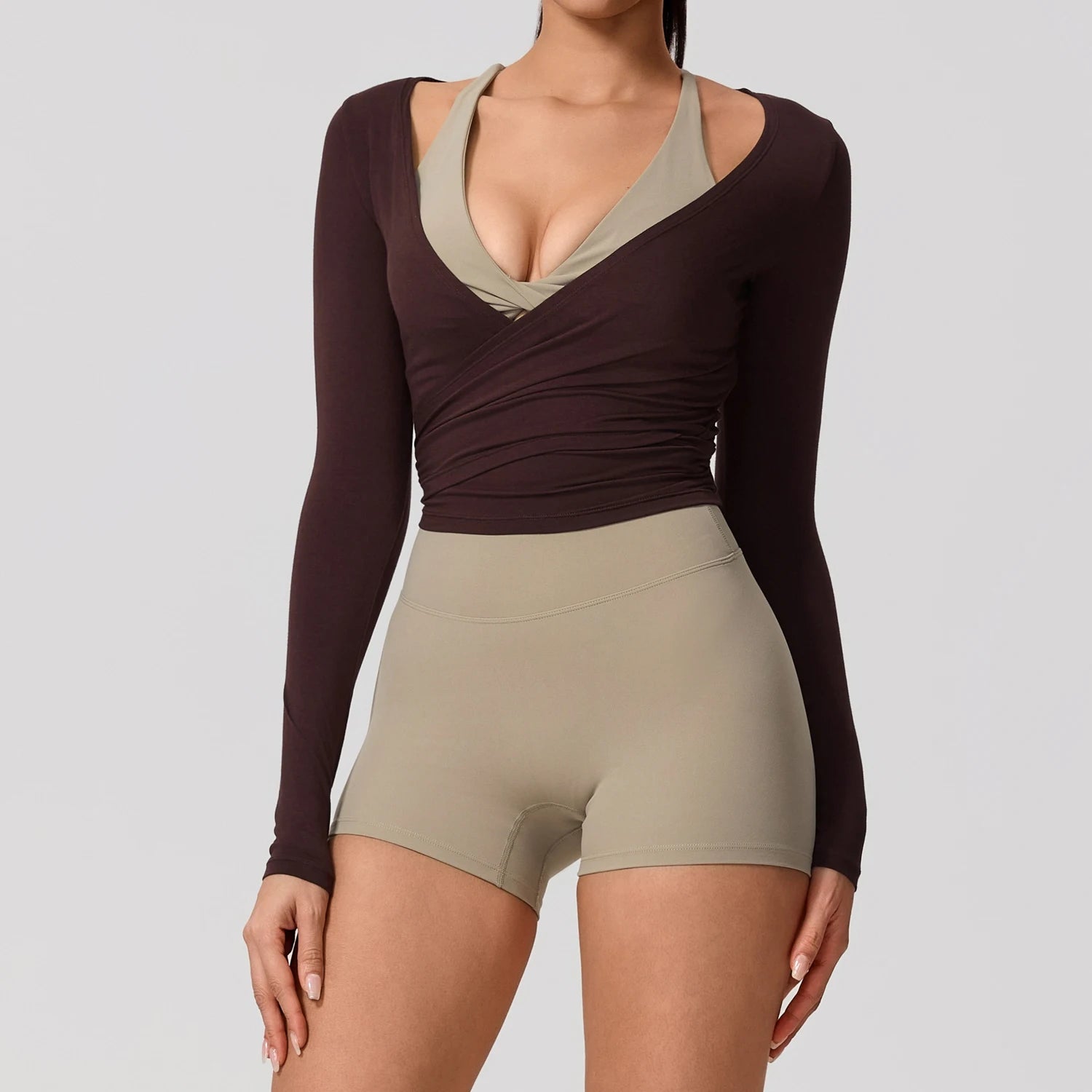 Women’s Wrap Yoga Top – Long Sleeve V-Neck Tie Waist Activewear