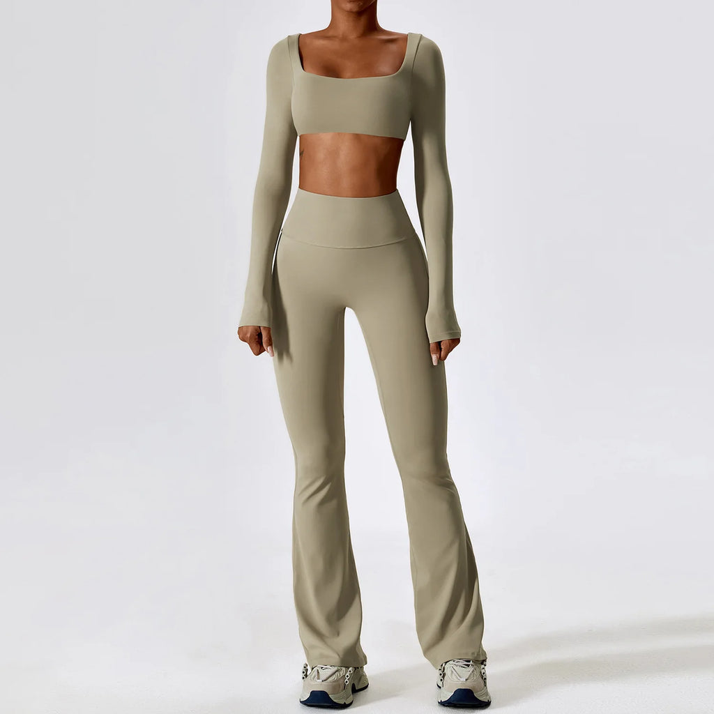 Women’s Seamless Flare Leggings Set – Long Sleeve Crop Top & Pants