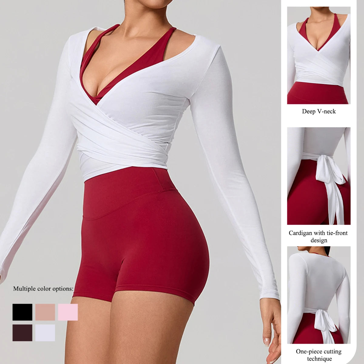 Women’s Wrap Yoga Top – Long Sleeve V-Neck Tie Waist Activewear