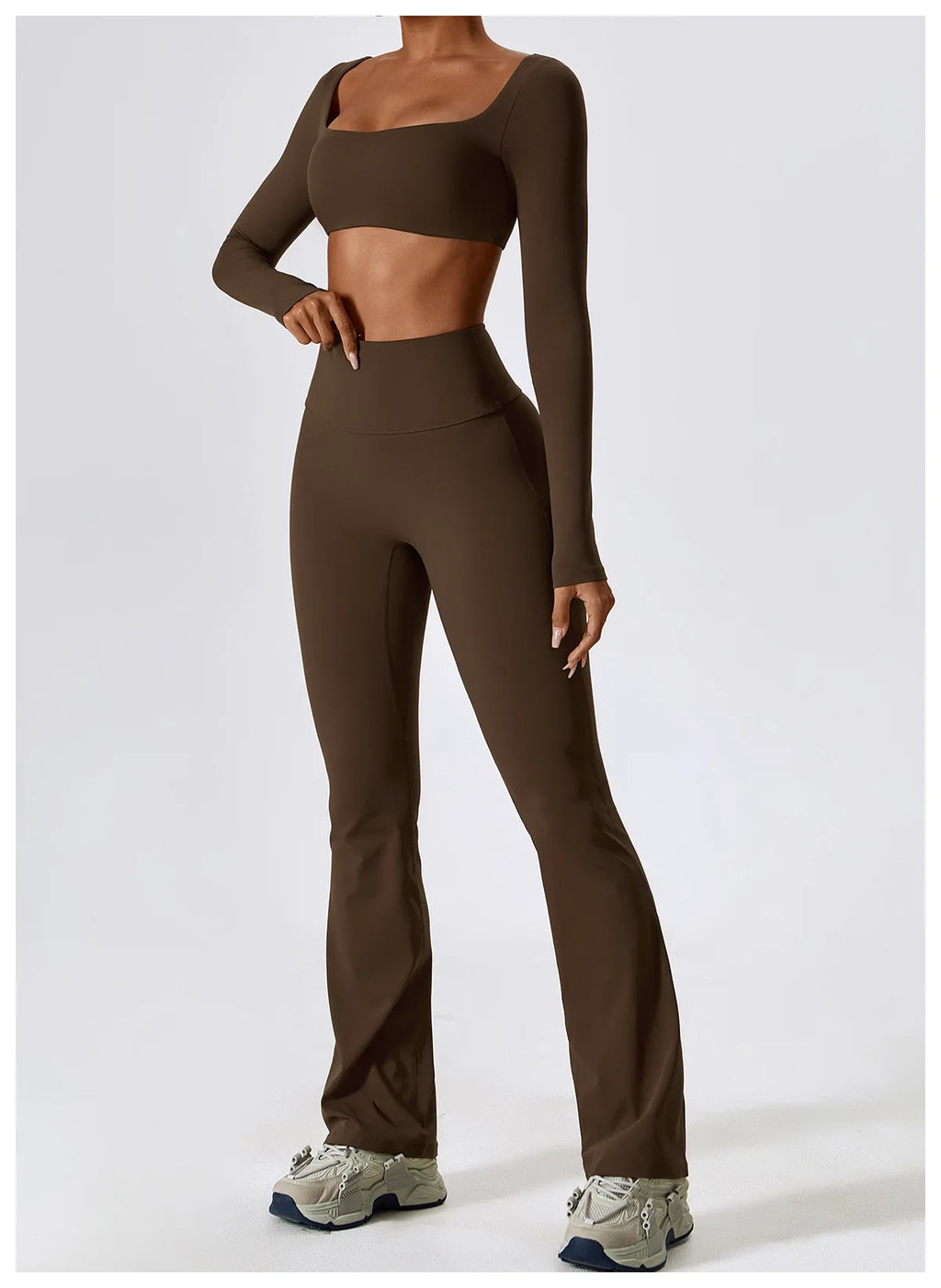 Women’s Seamless Flare Leggings Set – Long Sleeve Crop Top & Pants