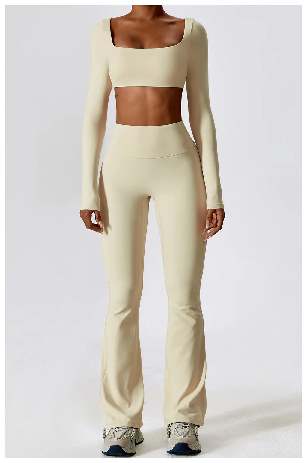 Women’s Seamless Flare Leggings Set – Long Sleeve Crop Top & Pants