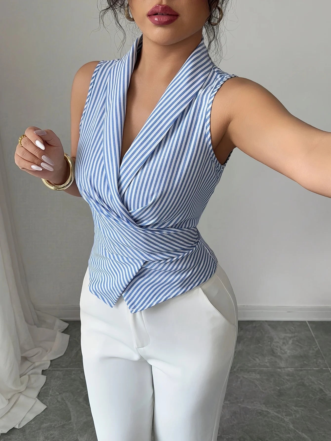 Women’s Striped V-Neck Blouse – Sleeveless Tie Waist Top