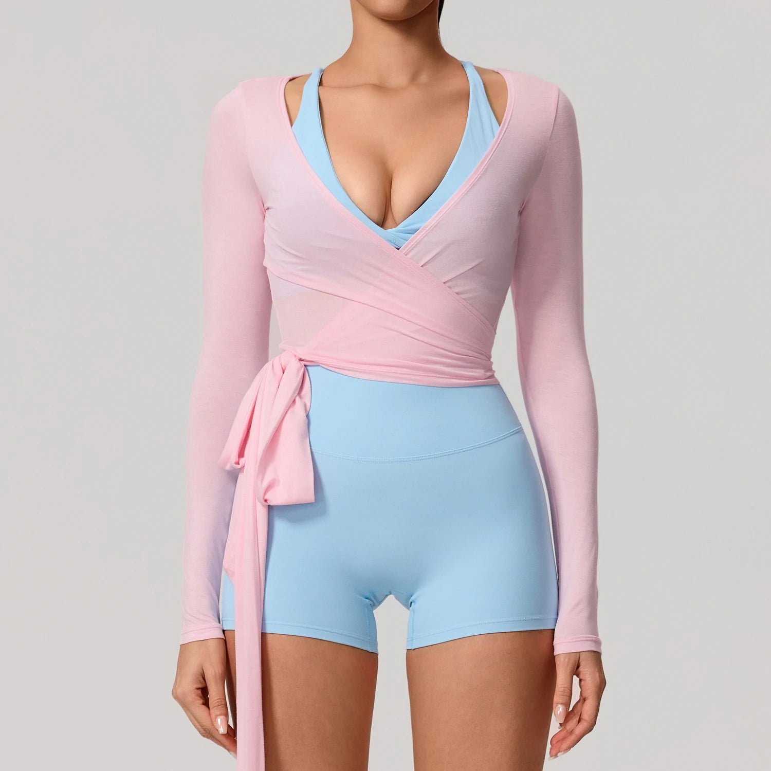 Women’s Wrap Yoga Top – Long Sleeve V-Neck Tie Waist Activewear