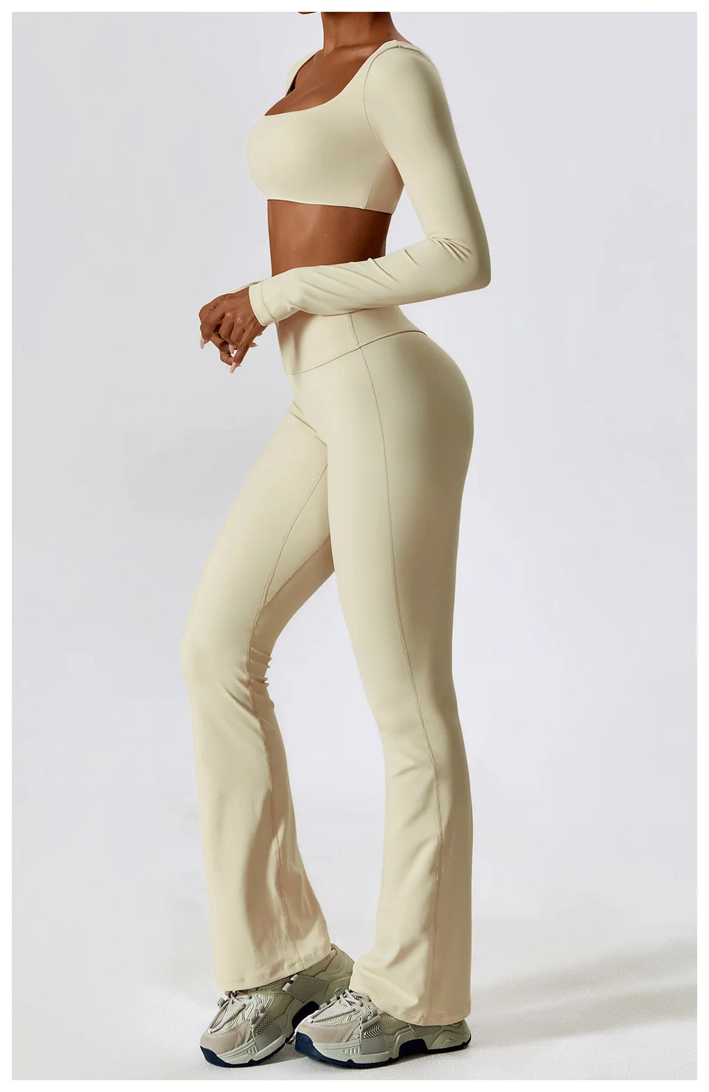 Women’s Seamless Flare Leggings Set – Long Sleeve Crop Top & Pants