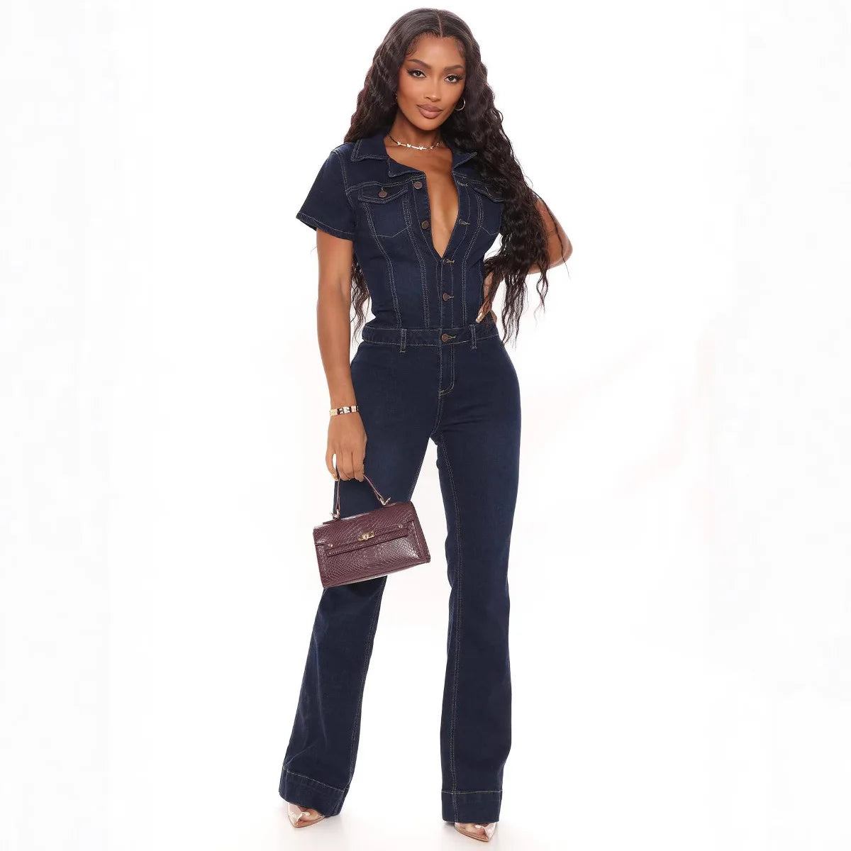 Women’s Denim Jumpsuit – High Waist Flared One-Piece