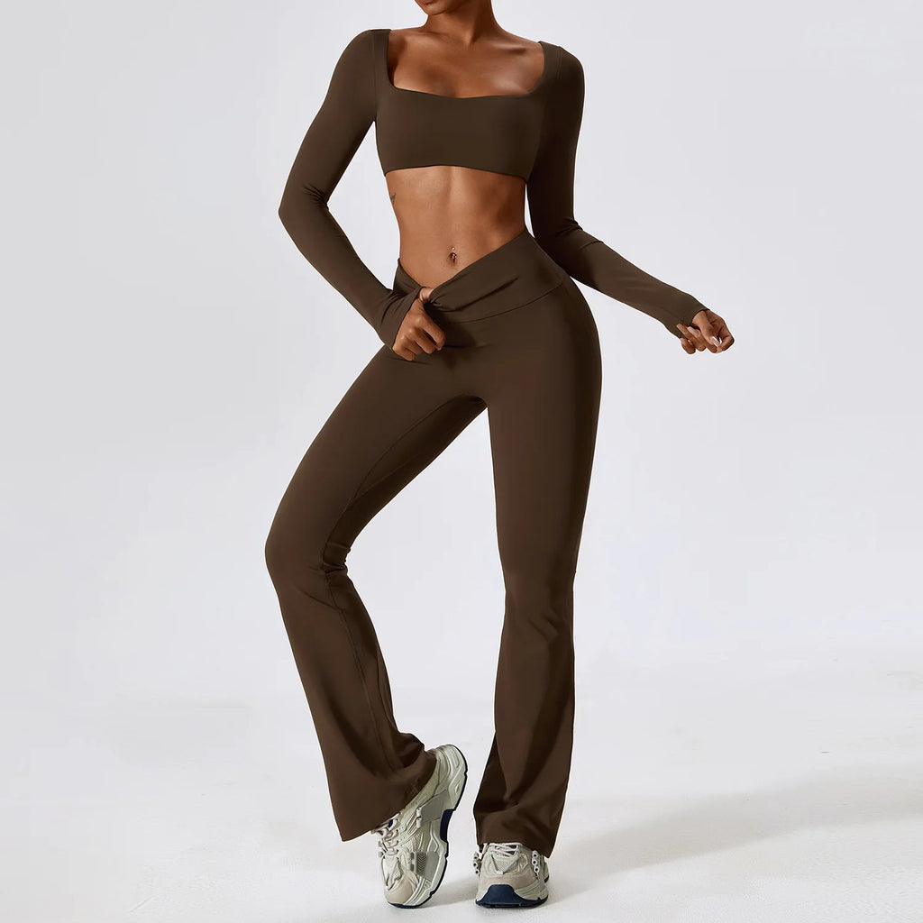 Women’s Seamless Flare Leggings Set – Long Sleeve Crop Top & Pants