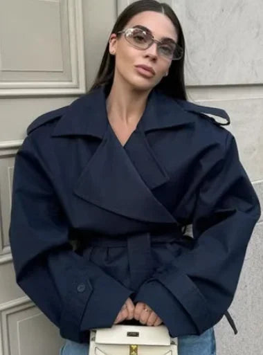 Women’s Belted Trench Coat – Short Waist Cinching Windbreaker