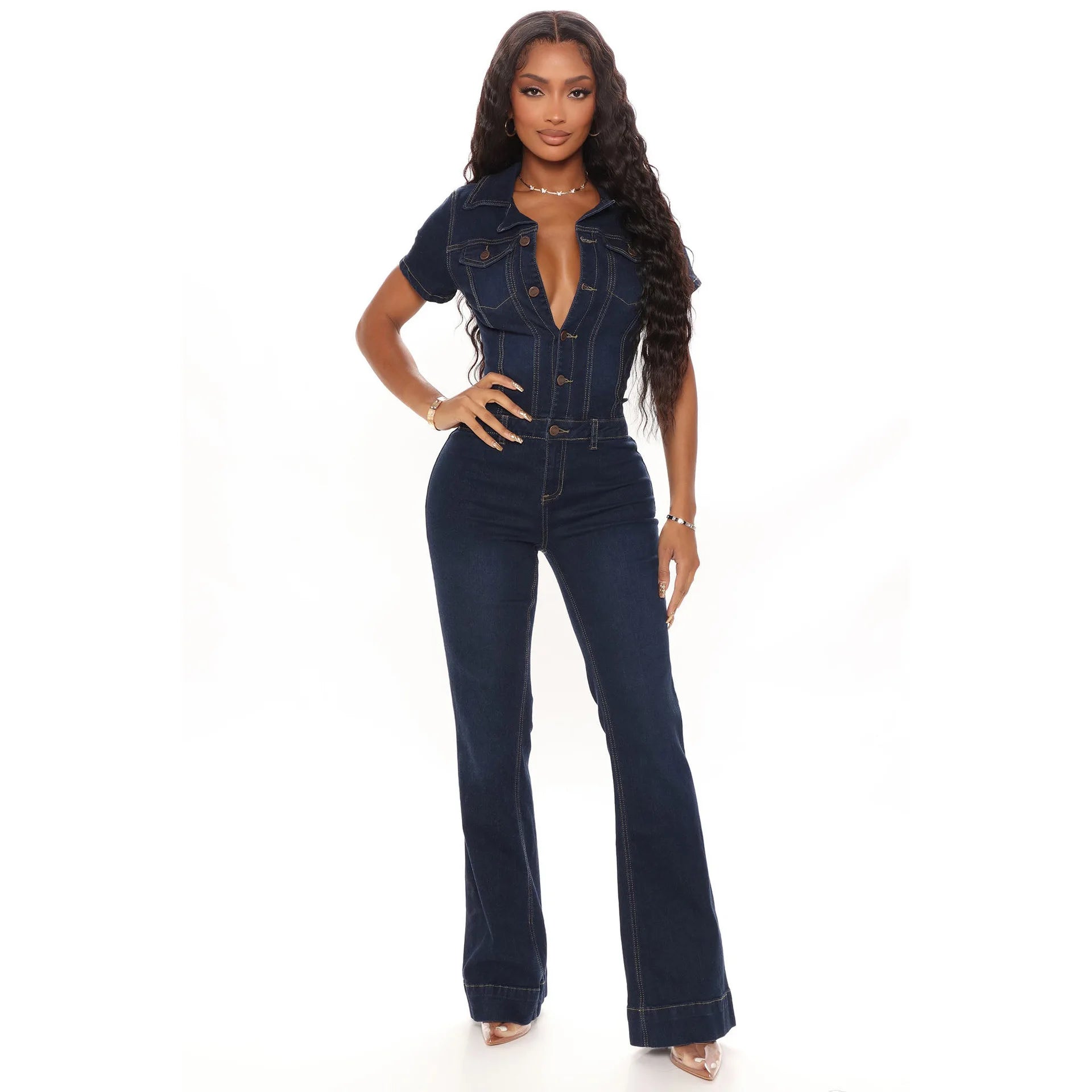 Women’s Denim Jumpsuit – High Waist Flared One-Piece