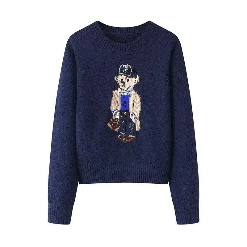 Women’s Bear Print Sweater – Cozy Knit Pullover (Korean Style)