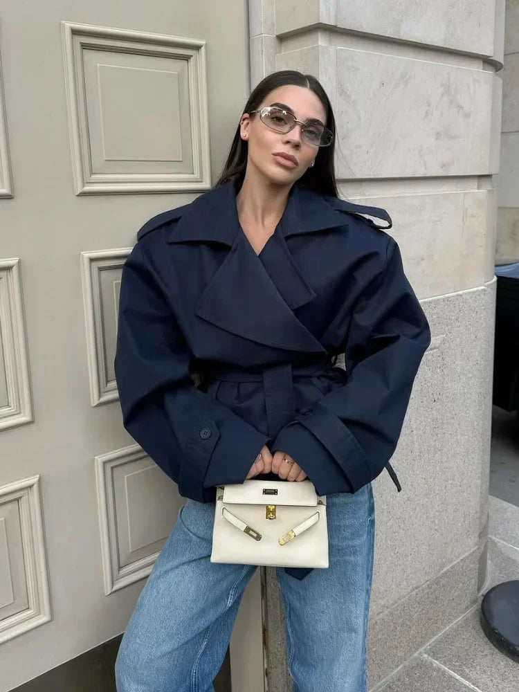 Women’s Belted Trench Coat – Short Waist Cinching Windbreaker
