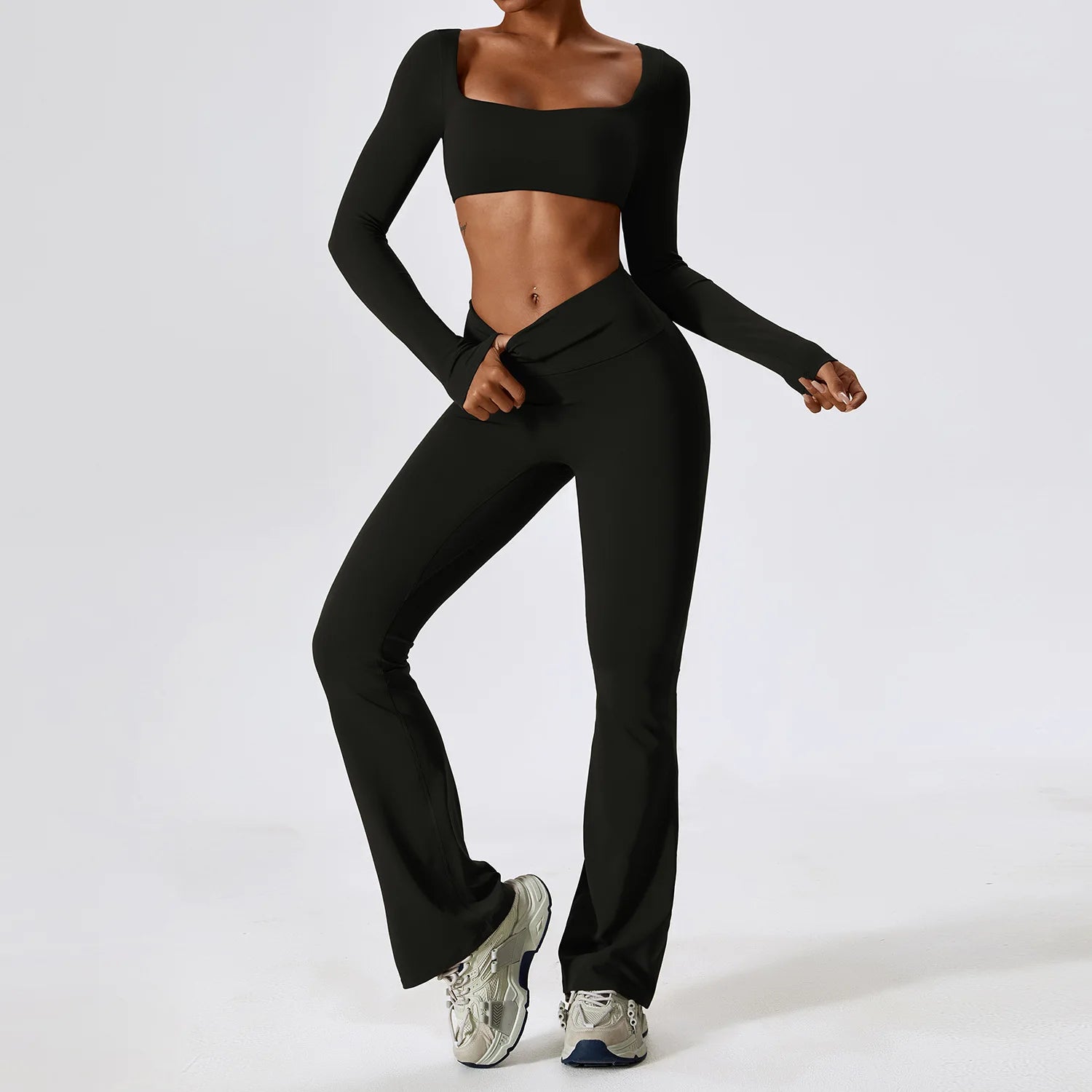 Women’s Seamless Flare Leggings Set – Long Sleeve Crop Top & Pants