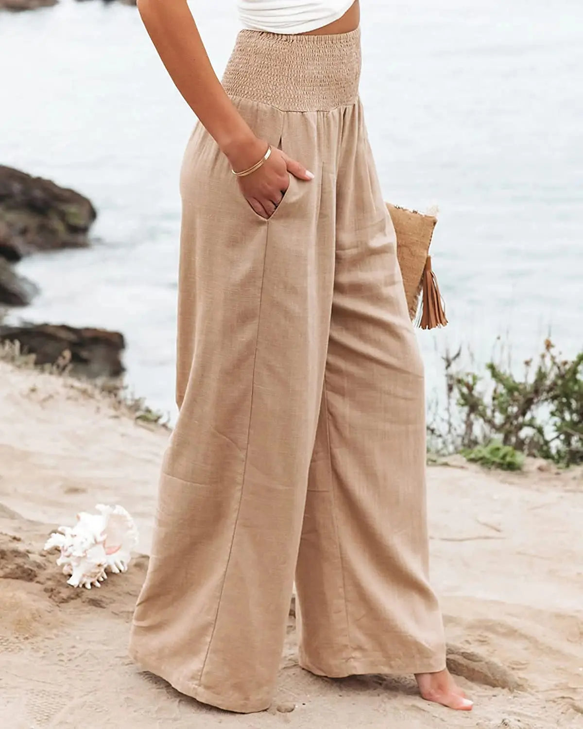 Women’s Drawstring Wide Leg Pants – Lightweight Casual Beach Trousers