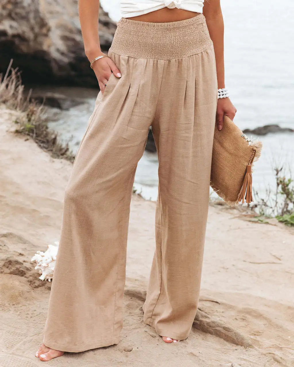 Women’s Drawstring Wide Leg Pants – Lightweight Casual Beach Trousers