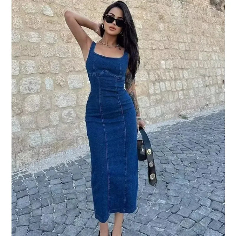 Women’s Denim Corset Midi Dress – Backless Bodycon Slit Dress