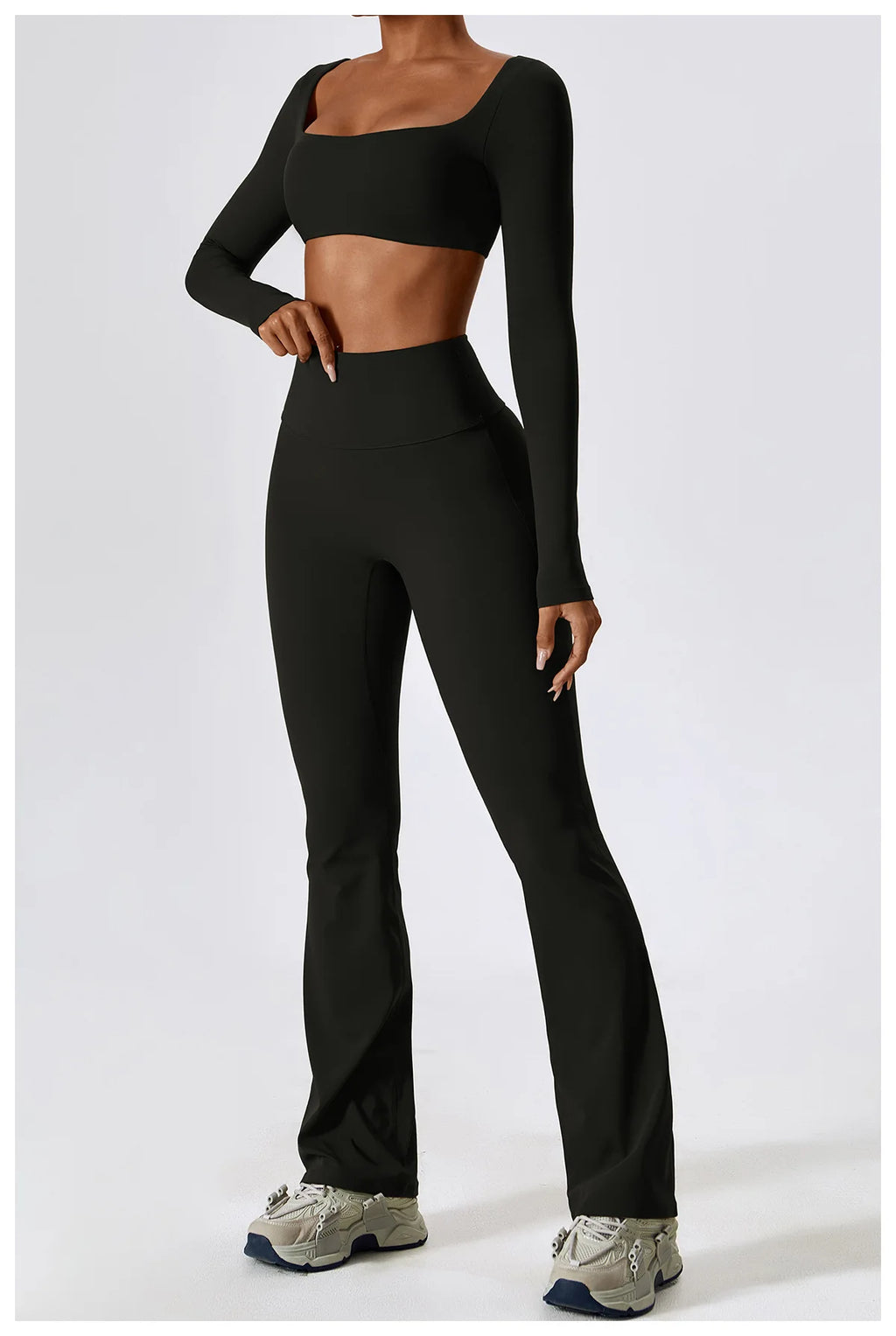 Women’s Seamless Flare Leggings Set – Long Sleeve Crop Top & Pants