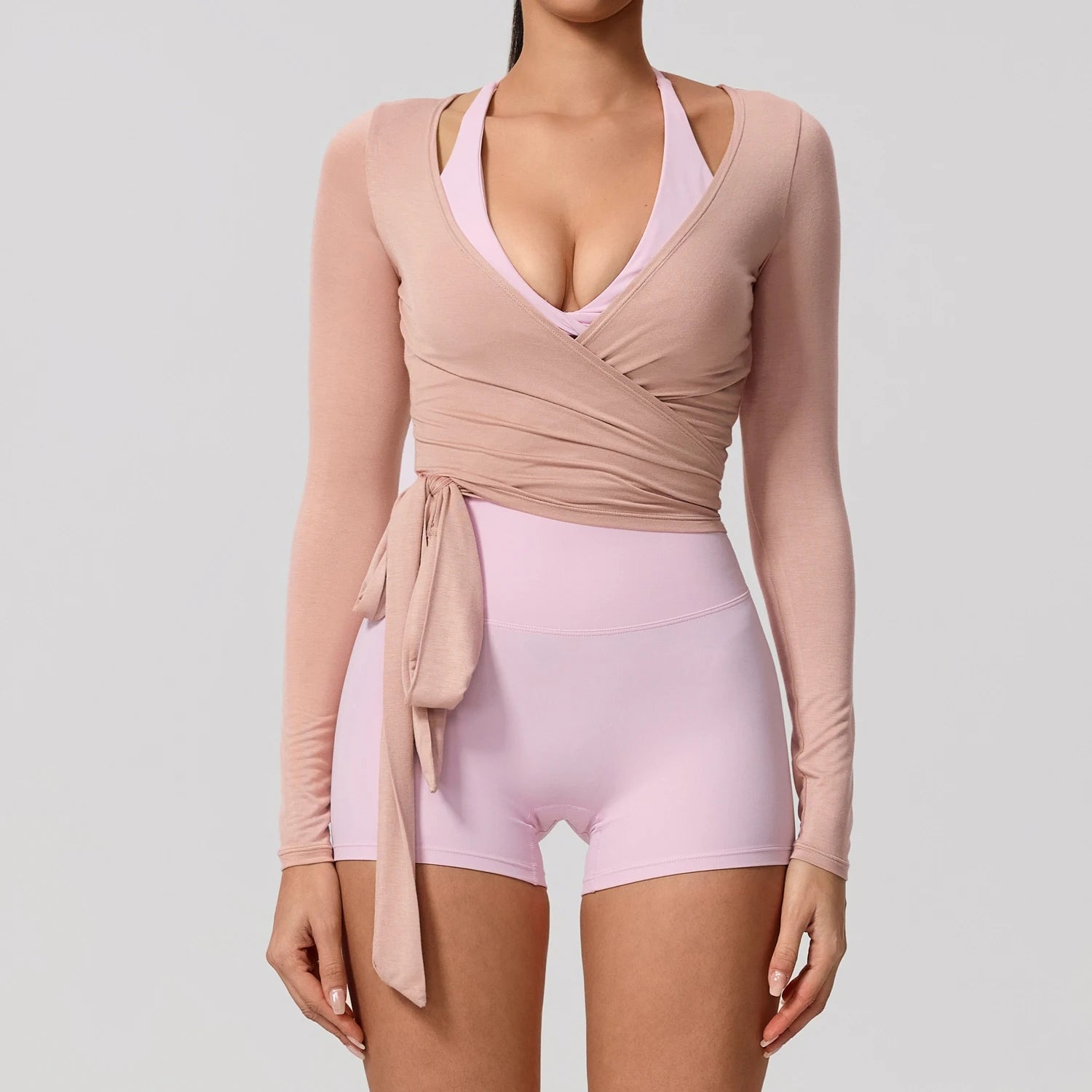 Women’s Wrap Yoga Top – Long Sleeve V-Neck Tie Waist Activewear