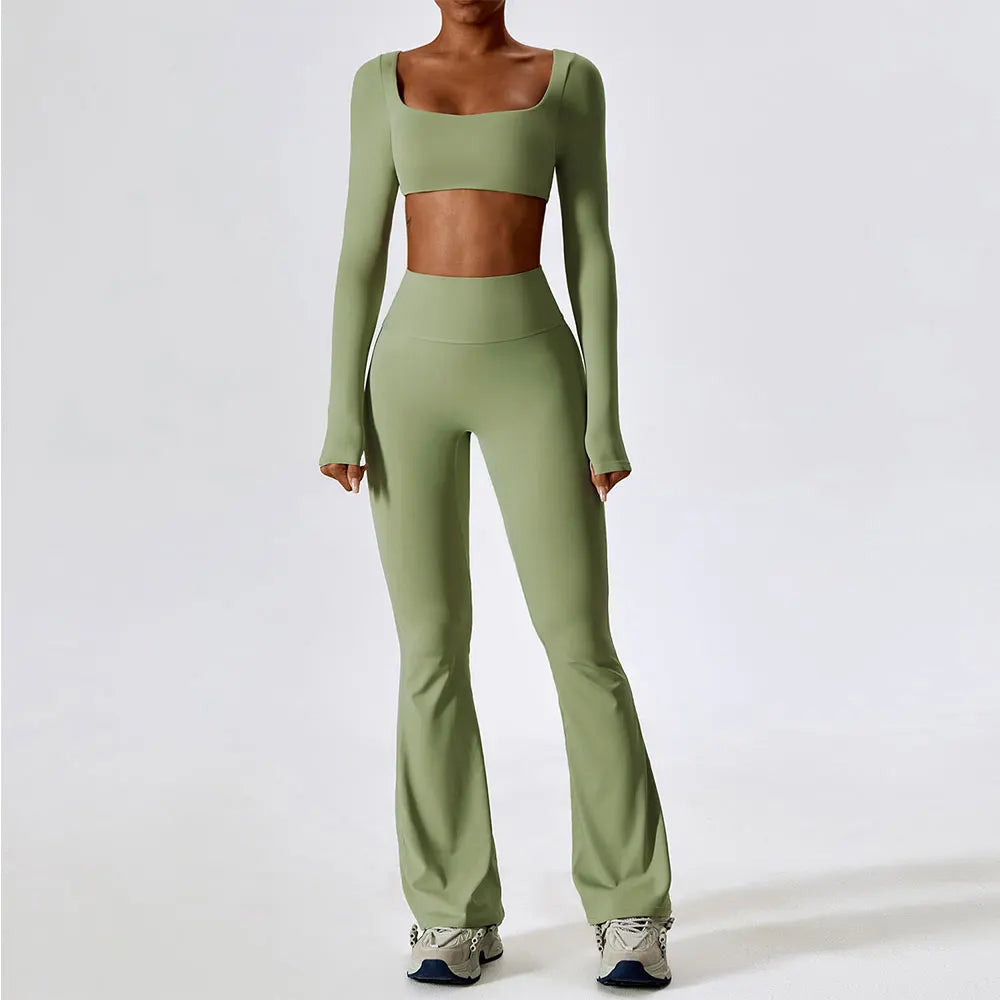 Women’s Seamless Flare Leggings Set – Long Sleeve Crop Top & Pants
