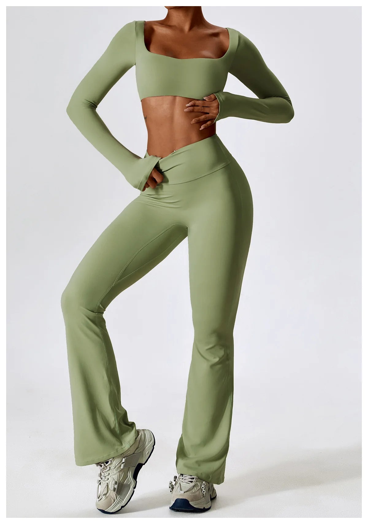 Women’s Seamless Flare Leggings Set – Long Sleeve Crop Top & Pants