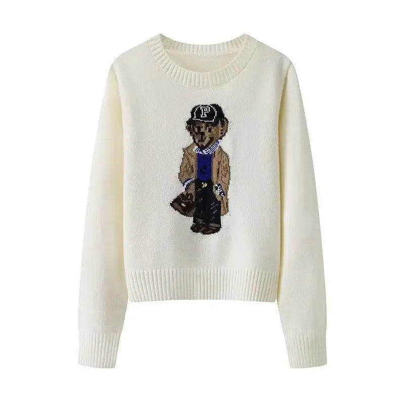 Women’s Bear Print Sweater – Cozy Knit Pullover (Korean Style)