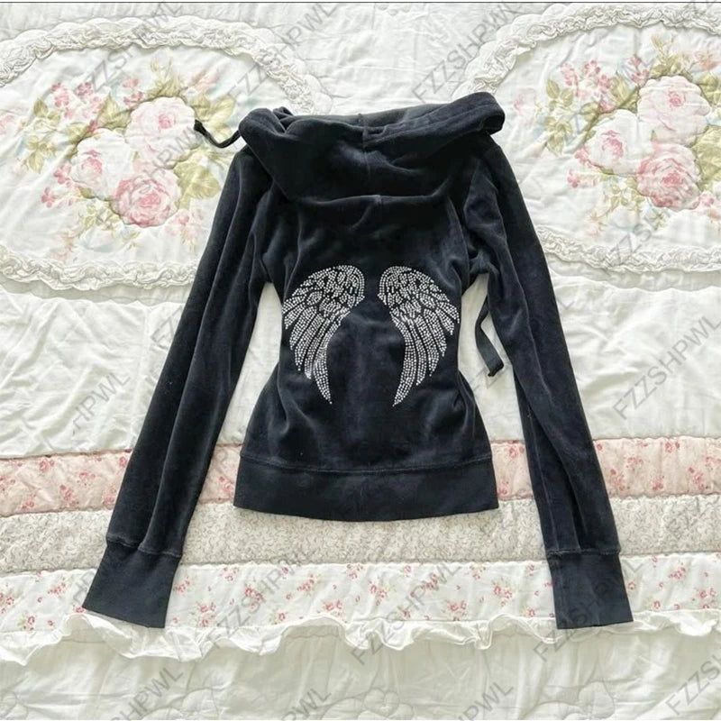 Women’s Gothic Zip-Up Hoodie – Vintage Grunge Wings Print Jacket (Y2K Style)