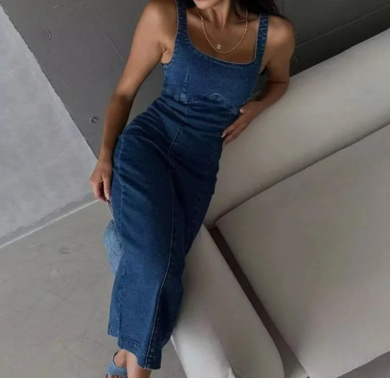 Women’s Denim Corset Midi Dress – Backless Bodycon Slit Dress