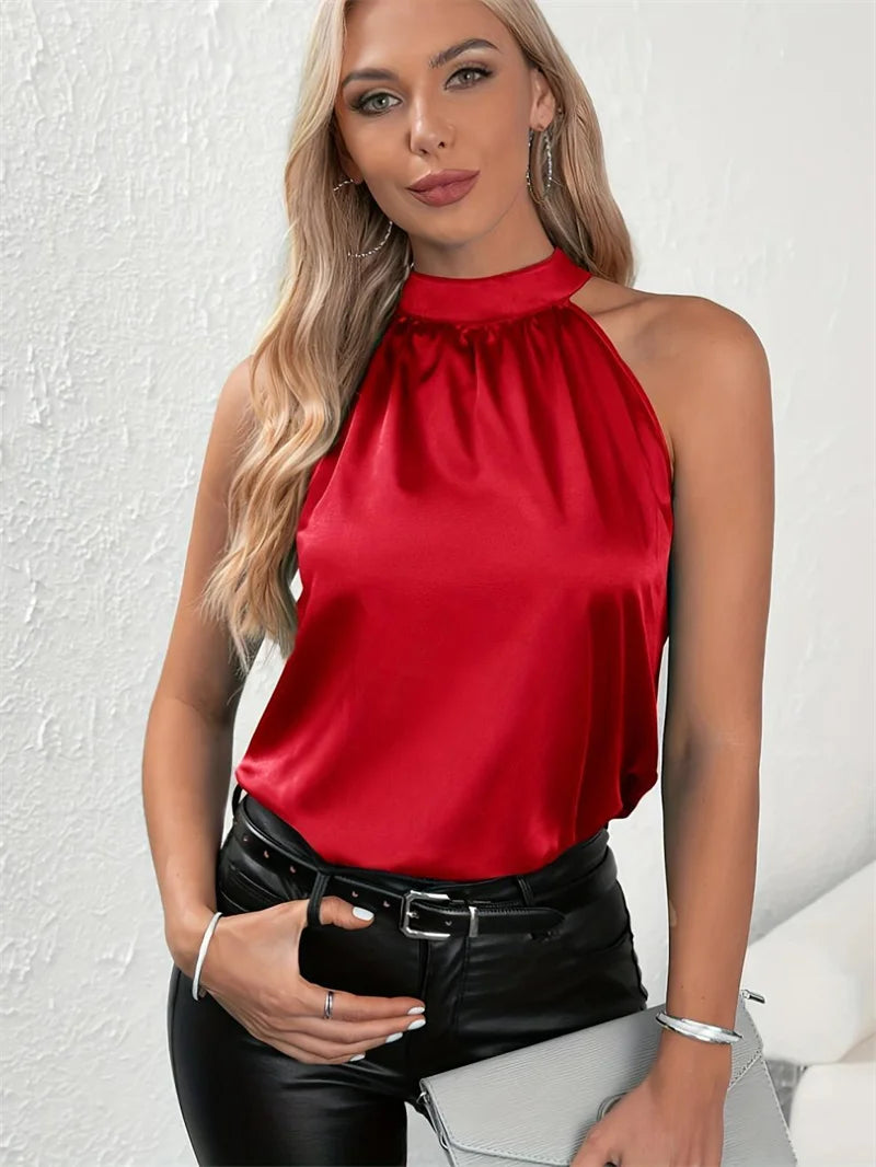 Women’s Halter Neck Blouse – Sleeveless Elegant Satin Top
