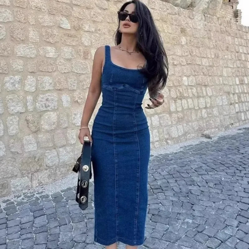 Women’s Denim Corset Midi Dress – Backless Bodycon Slit Dress