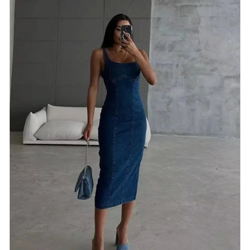 Women’s Denim Corset Midi Dress – Backless Bodycon Slit Dress