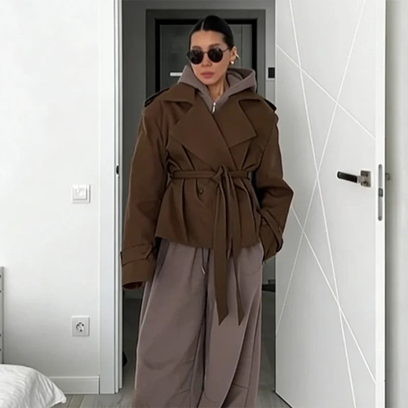 Women’s Belted Trench Coat – Short Waist Cinching Windbreaker