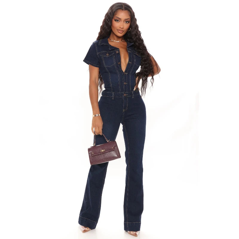 Women’s Denim Jumpsuit – High Waist Flared One-Piece
