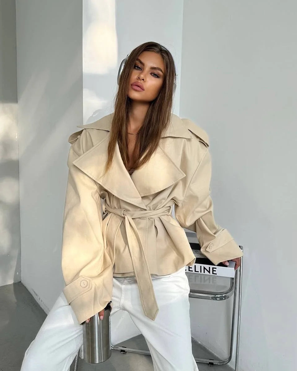 Women’s Belted Trench Coat – Short Waist Cinching Windbreaker